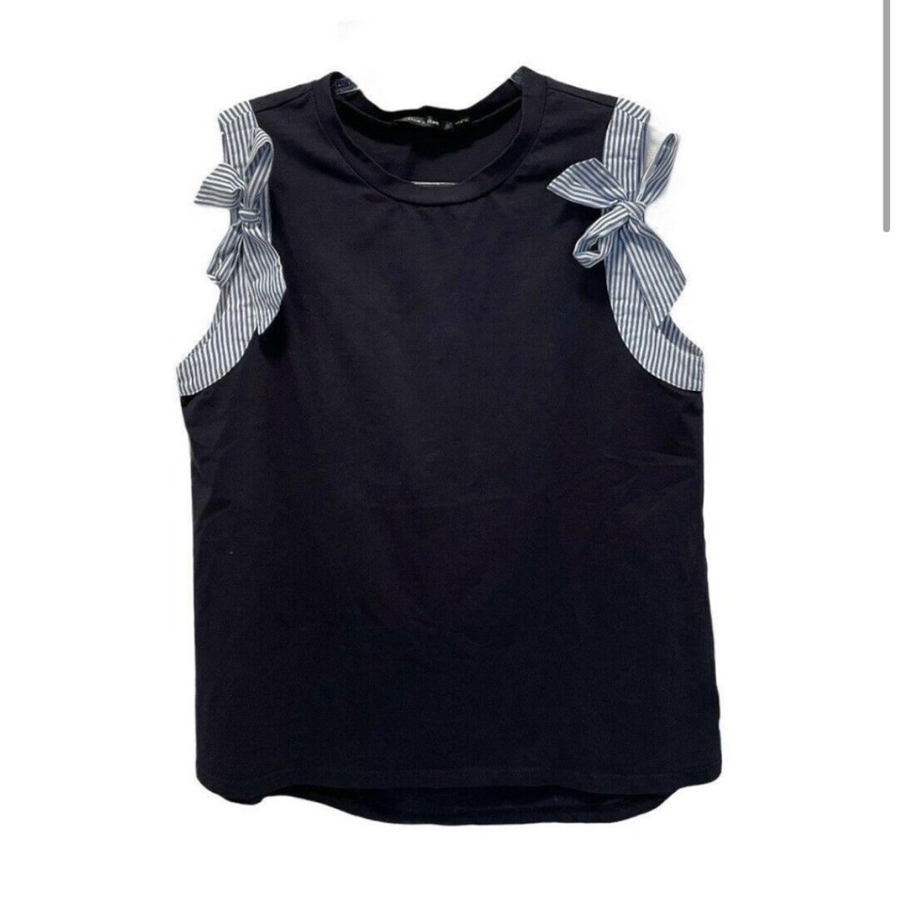 Doe & Rae Blue Knit Sleeveless Stripe bow top